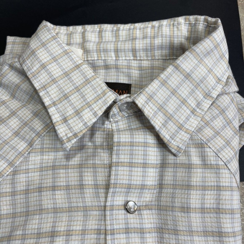 Vintage Mens Karman Plaid Pearl Snap Beige Yellow Blue Western Shirt USA Large L